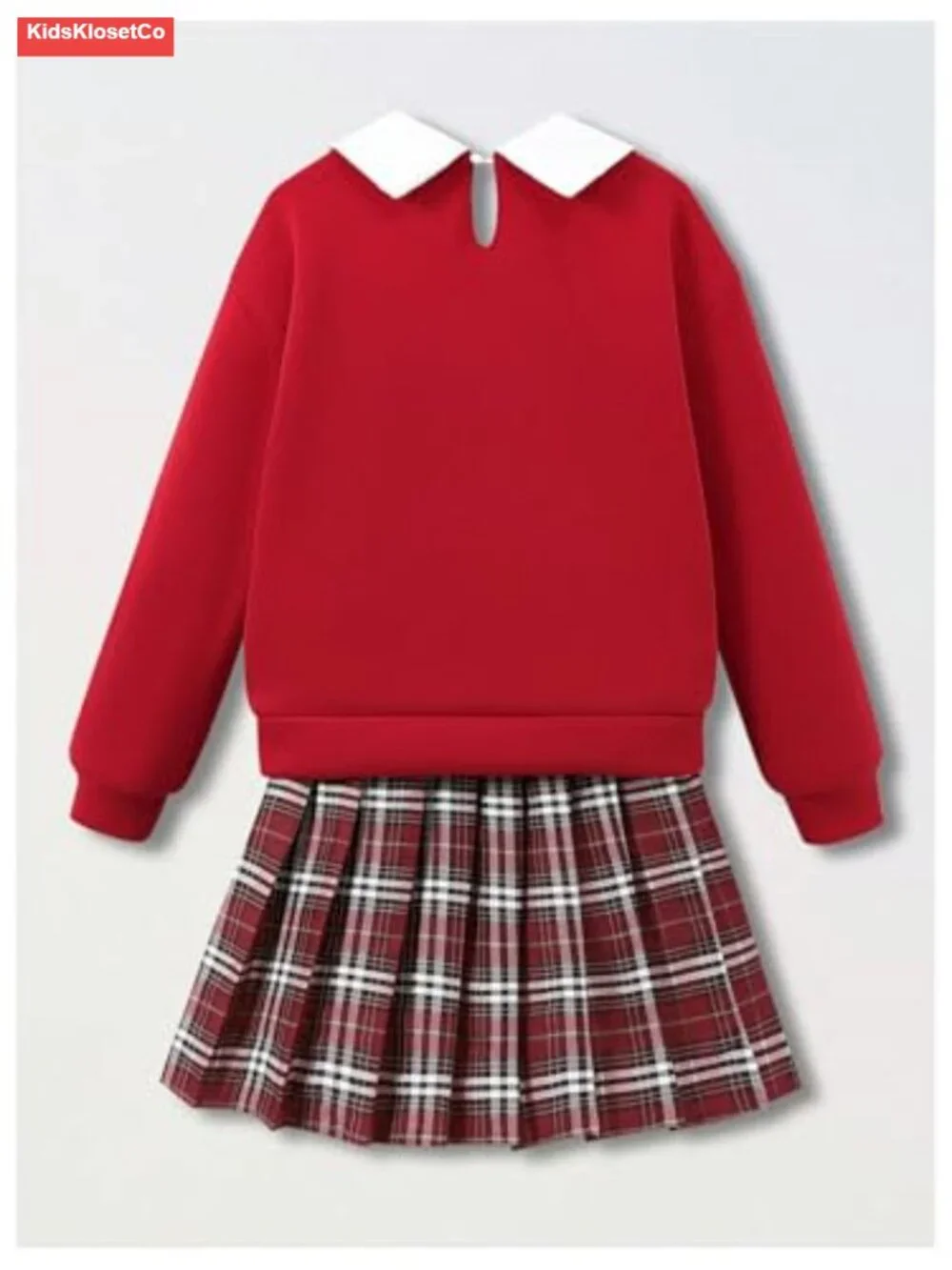 Girls Preppy 2-Piece Collared Sweatshirt & Plaid Pleated Skirt Set